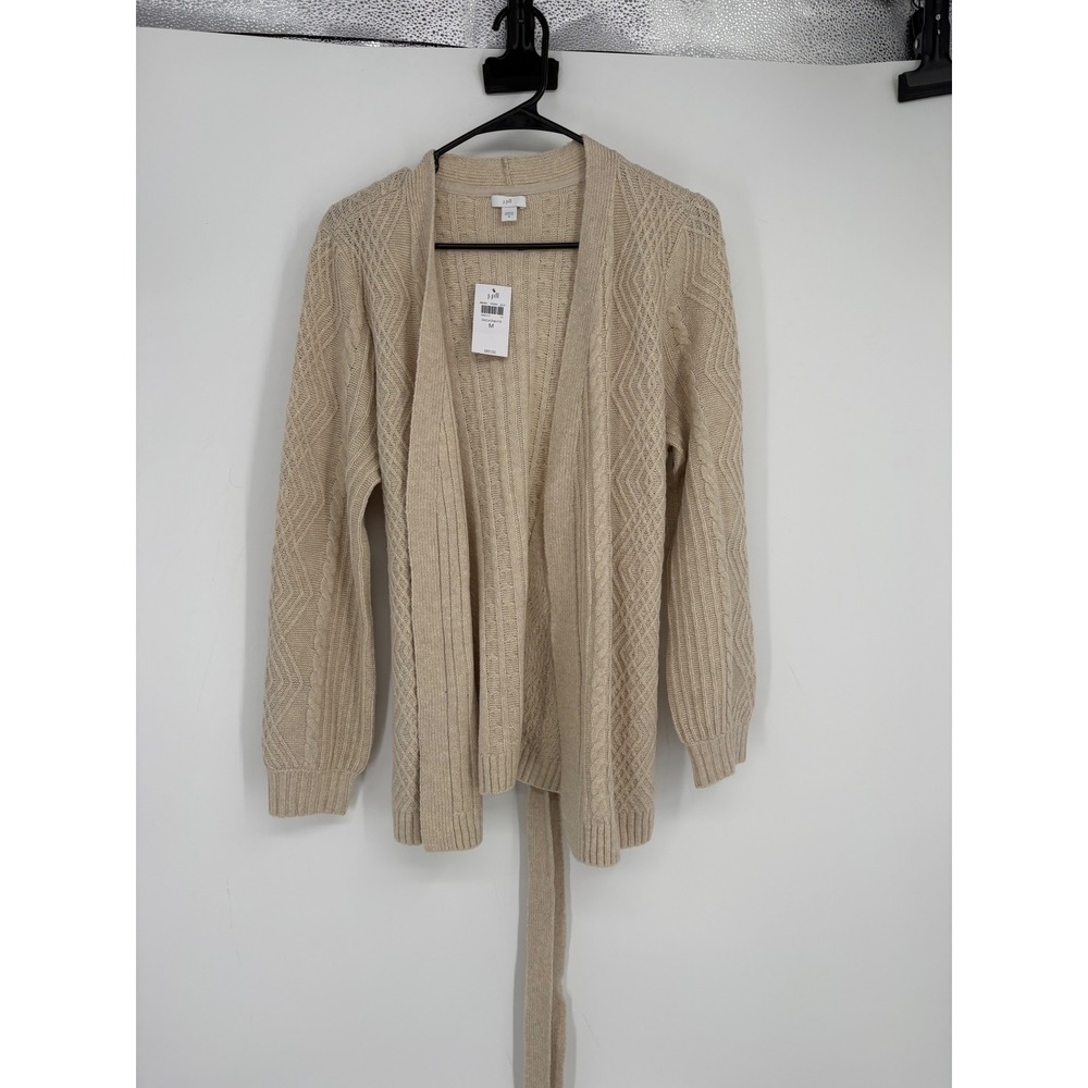 J. Jill Cardigan Women M Beige Oatmeal Heather Cable Knit Belted Open Front